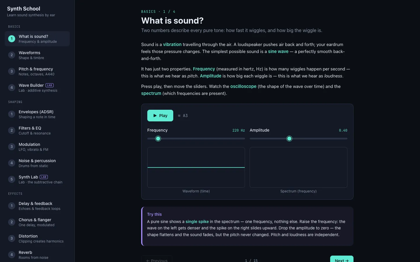 Synth School — a lesson on what sound is, with a live oscillator and spectrum playground