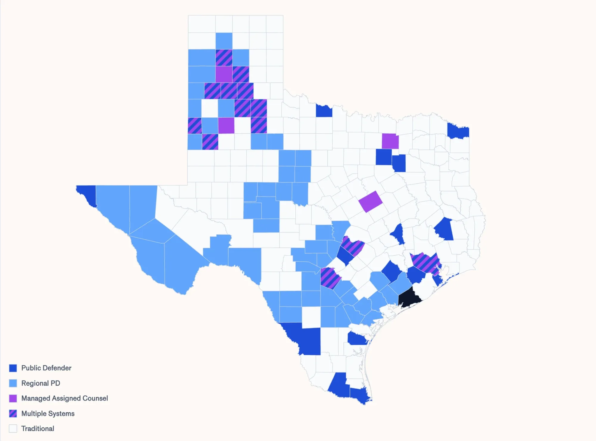 Texas Defense Data — map of Texas counties colored by indigent-defense system type